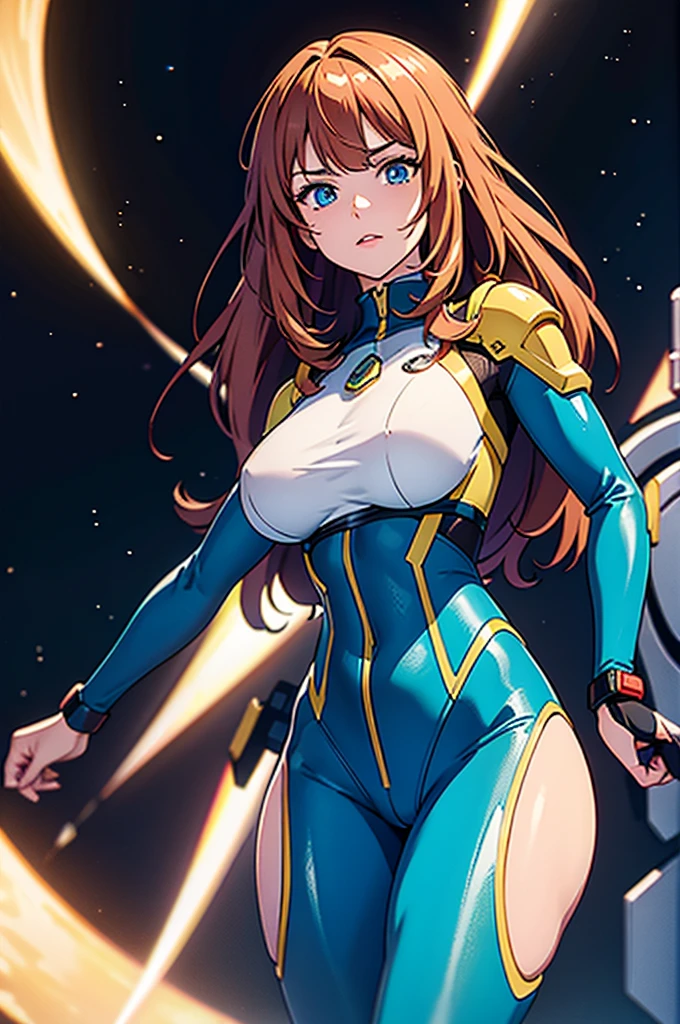 (best quality,4k,8k,highres,masterpiece:1.2),ultra-detailed,anime girl fantasy,sci-fi,space suit,big chest,front view,solo photo,thick hair,thick thighs,standing,thick legs,colorful,powerful lighting,deeper shadows,sharp focus,detailed facial features,sparkling eyes,background with celestial elements.