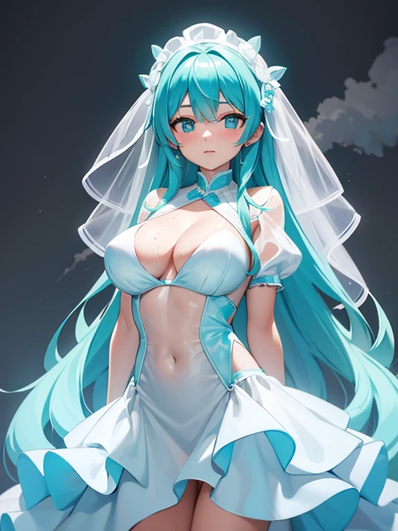 cyan dress,Covered with transparent tape,white wedding dress,covered in honey,Ha gas,shy,Soaked all over,Chest covered with transparent tape