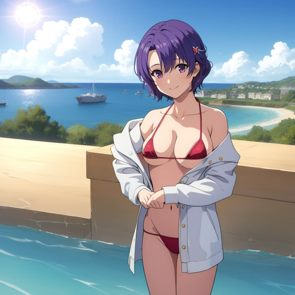 best quality, (masterpiece:1.2), fcKloe, micro bikini, clouds, sun, sky, standing, looking at viewer, sea, smile, solo, upper body,