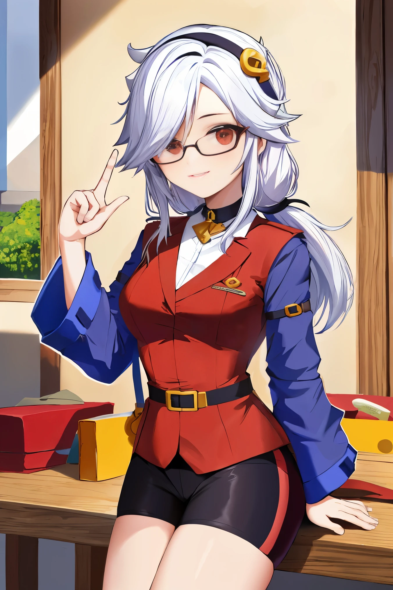 obra de arte, melhor qualidade, Purah, red eyewear, enfeite de cabelo, Jaqueta branca, camisa sem mangas, Saia preta, tronco, de cima, olhando para o espectador, sorriso, boca aberta, sobrancelha franzida, Rustic Villa