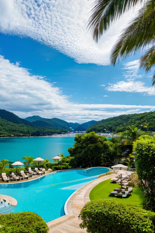 Panoramic view of the resort hotel with an intricately detailed scene, including a crystal-clear pool, High resolution, Masterpiece, Best quality, magnificent architecture, lush greenery, and well-manicured gardens, 360 degree angle, sharply focused, textured landscape, realistic depth perception, Detailed reflections on the water surface, professionally captured, 4k Ultra HD, photorealistic rendering, realistic color palette, Post-processing with maximum details and roughness, reflecting the true essence of the vibrant resort life, Ultra realistic panorama, photorealistic panorama, panoramic photography, 8k UHD panorama.