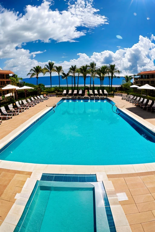Panoramic view of the resort hotel including the pool