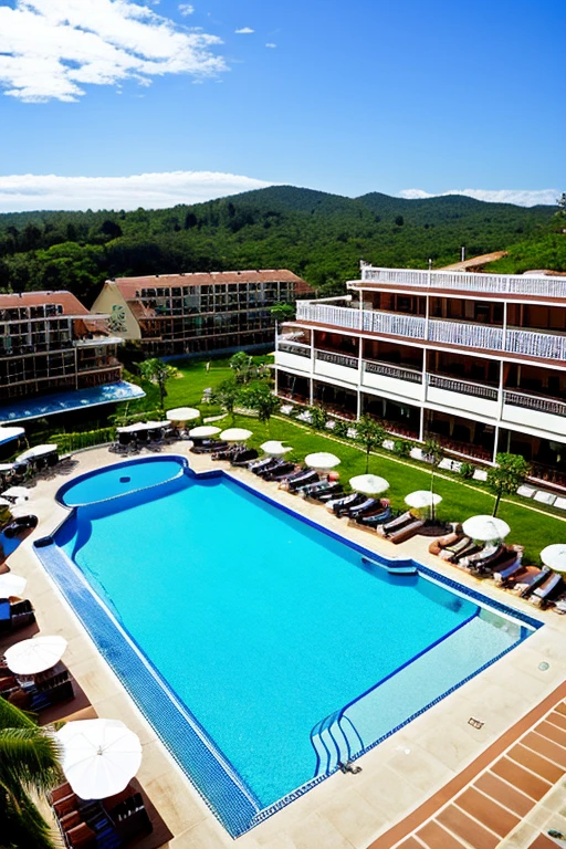 Panoramic view of the resort hotel including the pool