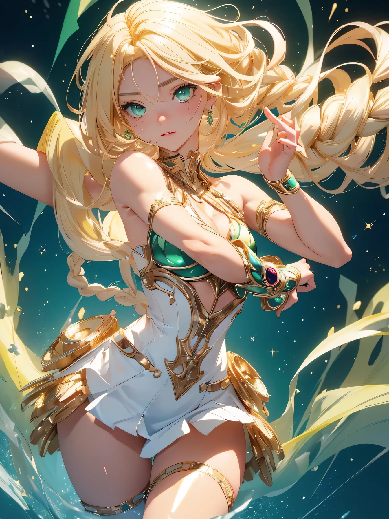 nsfw:1.1, high resolution:1.7, incredibly absurdres, kawaii:1, cute:1.5, hires.fix, anime visual:1, incredibly fine illustration,8k,masterpiece:1.2,best quality, high quality, exquisite, beautiful, insanely detailed, intricate detailed, extremely detailed, Super Definition, ultra high res, Super Resolution, best aesthetic, ultra detailed:1.5, best quality, perfect face, detailed face, masterpiece:1.2, illustration:1.2, 8k cg wallpaper, stunning art,absurdres,octane render,ultra hires,
Japanese Actress,(Idol),18yo,Beautiful,(Cute and lovely),cute girl,((anime elf with extremely cute and beautiful blonde hair)),((((blonde hair:1.35,blonde single braid,colored inner hair,ear breathing)))),(((green_eyes:1.3))),intricate eyes,beautiful detailed eyes,symmetrical eyes,big eyes:1.5,enchanting bright eyes studded with gold and silver dust,(((pinky skin,glowing_skin,lustrous skin:1.5,bright skin: 1.5,skin tanned,shiny skin,very shiny skin,shiny body,plastic glitter skin,exaggerated shiny skin,illuminated skin))),upward breasts,waist slender,(detailed body,(detailed face)),cute,daring,zettai ryouiki,show skin,best relationship with four fingers and one thumb,Very Fine Face and Eyes,Very Fine Hair,(Perfect Anatomy),((girl trembling with sexual climax)),Garter Belt,Bare shoulders,((Check out our thru-rack chokers and midi rings with chains,Amidst a cosmic battle, an interstellar warrior girl in cosmic combat armor fought against extraterrestrial adversaries with a blend of technology and martial arts, her bravery shining through