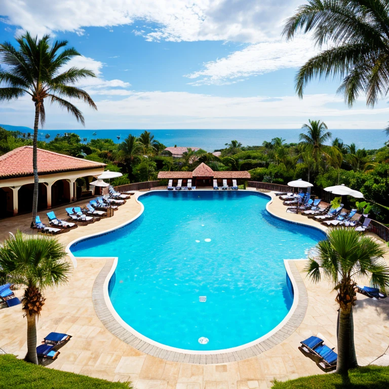 Panoramic view of the resort hotel including the pool