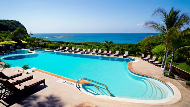 Panoramic view of the resort hotel including the pool