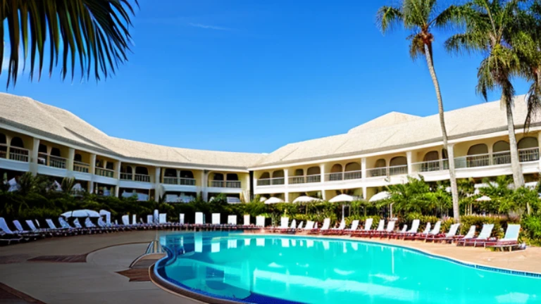 Panoramic view of the resort hotel including the pool
