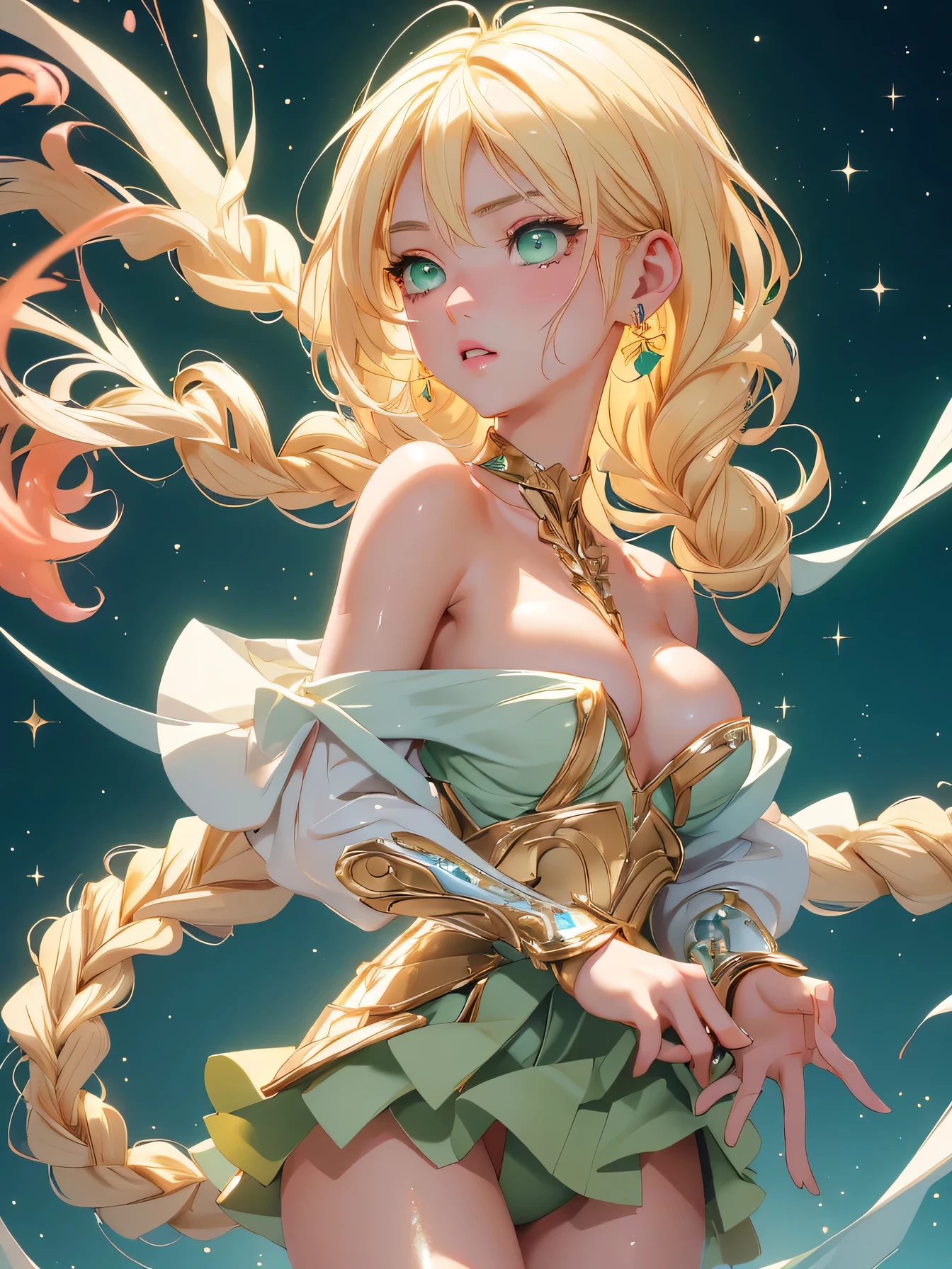 nsfw:1.1, high resolution:1.7, incredibly absurdres, kawaii:1, cute:1.5, hires.fix, anime visual:1, incredibly fine illustration,8k,masterpiece:1.2,best quality, high quality, exquisite, beautiful, insanely detailed, intricate detailed, extremely detailed, Super Definition, ultra high res, Super Resolution, best aesthetic, ultra detailed:1.5, best quality, perfect face, detailed face, masterpiece:1.2, illustration:1.2, 8k cg wallpaper, stunning art,absurdres,octane render,ultra hires,
Japanese Actress,(Idol),18yo,Beautiful,(Cute and lovely),cute girl,((anime elf with extremely cute and beautiful blonde hair)),((((blonde hair:1.35,blonde single braid,colored inner hair,ear breathing)))),(((green_eyes:1.3))),intricate eyes,beautiful detailed eyes,symmetrical eyes,big eyes:1.5,enchanting bright eyes studded with gold and silver dust,(((pinky skin,glowing_skin,lustrous skin:1.5,bright skin: 1.5,skin tanned,shiny skin,very shiny skin,shiny body,plastic glitter skin,exaggerated shiny skin,illuminated skin))),upward breasts,waist slender,(detailed body,(detailed face)),cute,daring,zettai ryouiki,show skin,best relationship with four fingers and one thumb,Very Fine Face and Eyes,Very Fine Hair,(Perfect Anatomy),((girl trembling with sexual climax)),Garter Belt,Bare shoulders,((Check out our thru-rack chokers and midi rings with chains,Amidst a cosmic battle, an interstellar warrior girl in cosmic combat armor fought against extraterrestrial adversaries with a blend of technology and martial arts, her bravery shining through