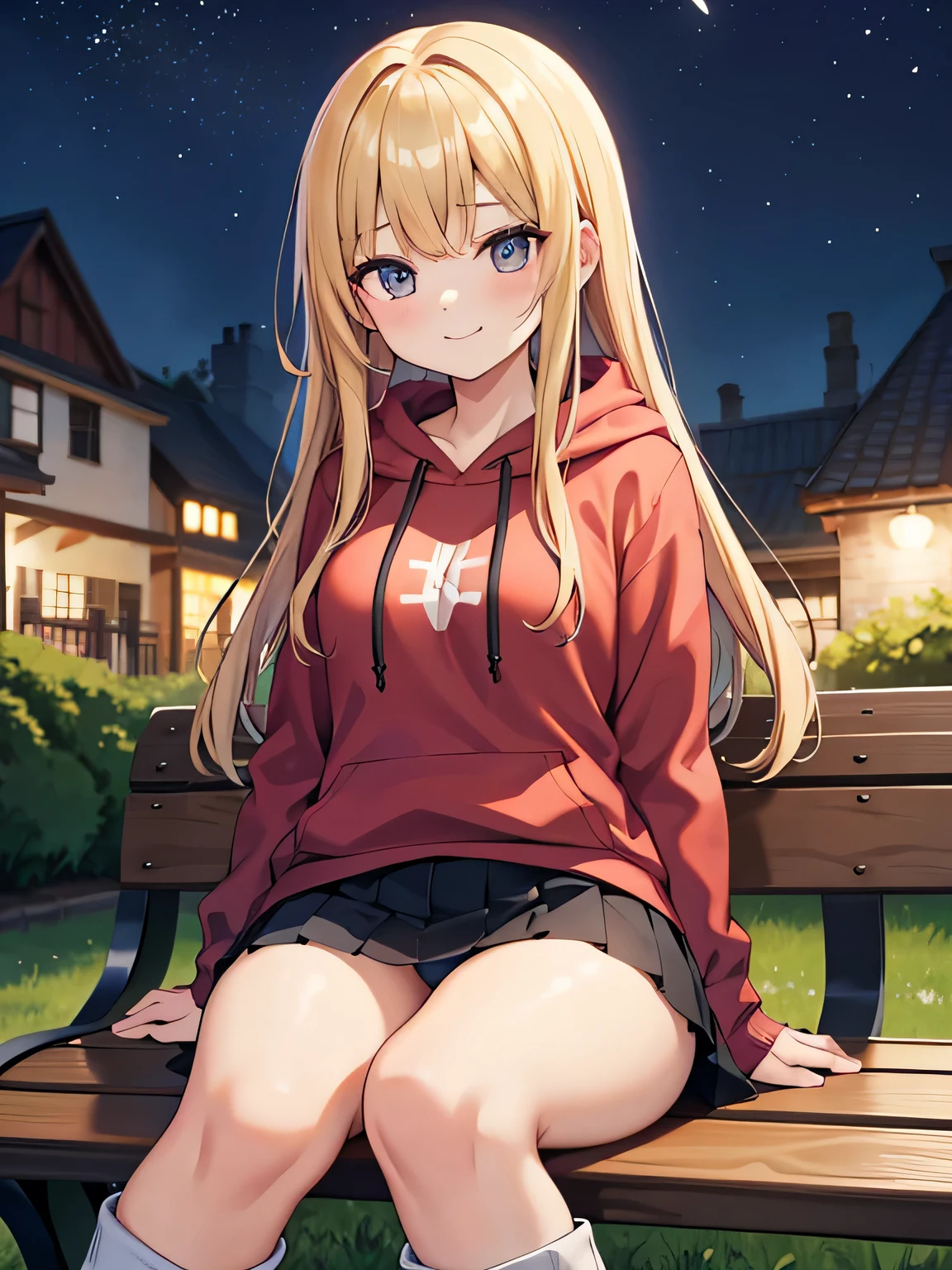 (1) A woman is sitting cross-legged on a bench. The color of the visible pants is red..
(2) She&#39;s a gal, Baby-faced but with heavy makeup. she has long blonde hair.
(3) The woman is wearing a brightly colored hoodie, Mini skirt and platform long boots.
(4) The woman&#39;s expression is a smile.
(5) Place on a park bench at night.