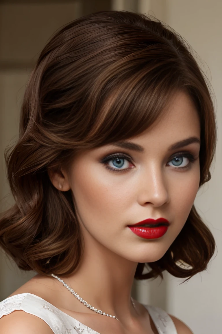 Beautiful woman with brown hair blue eyes red lips white dress 50s 