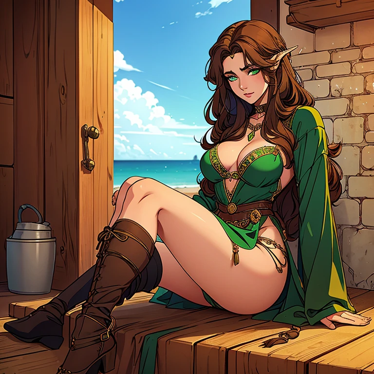 Young beautiful medieval human gypsy girl. With green eyes and long brown hair. Slutty slave outfit