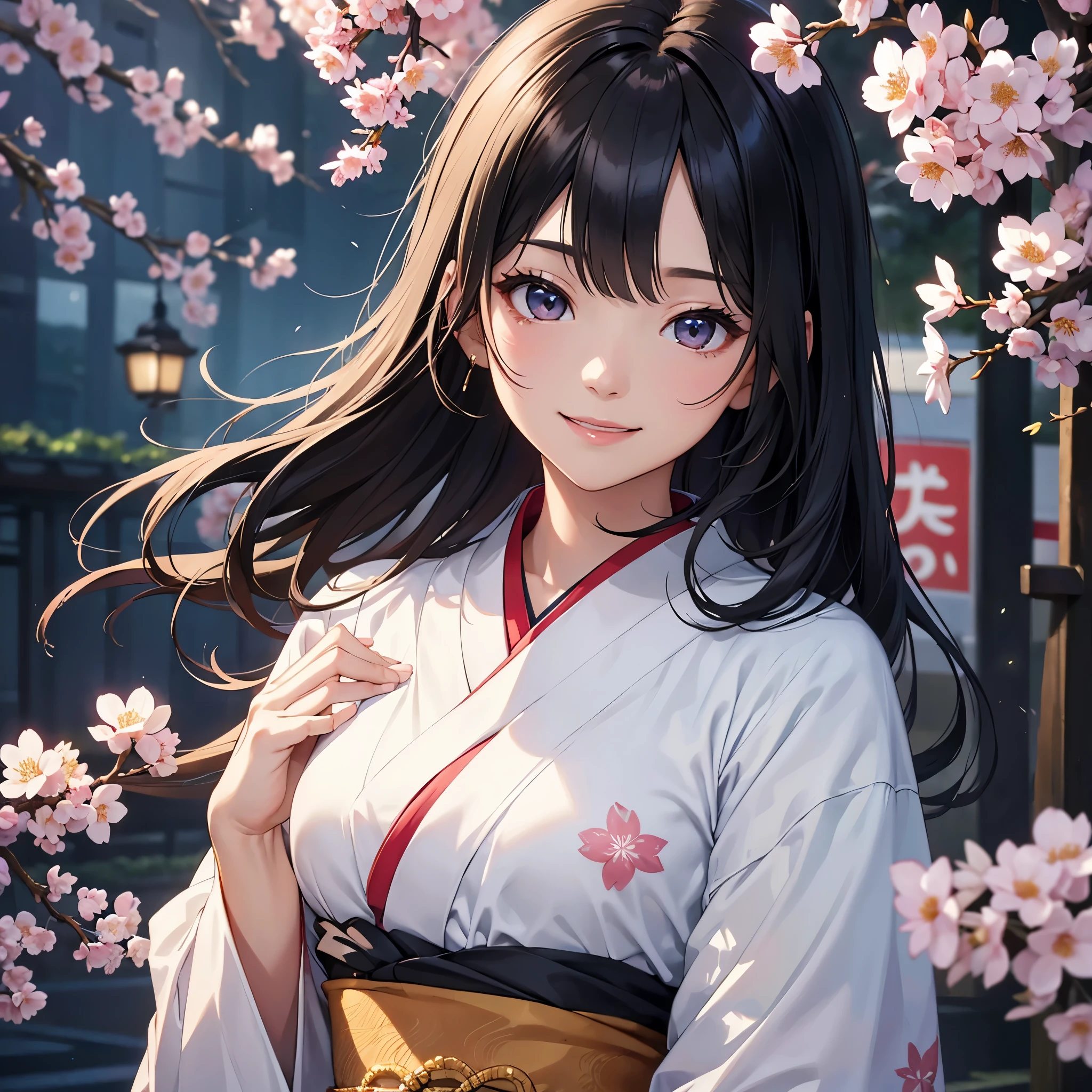 (Super beautiful woman in kimono)、((highest quality、8K masterpiece:1.3))、sharp focus:1.2、(super beautiful face:1.0)、(shiny skin:1.0)、realistic pictures、black hair、video writing、High resolution eyes and face、video writing、japanese actress、from the front、Medium chest、with a happy smile、The beauty of slender abs、whole body、wearing a kimono、cherry blossom in full bloom、luxury obi