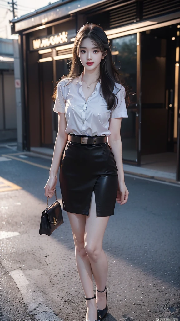 highest resolution, 8K, high definition, Realistic photos, realistically, HDR., (((long hair))), ((beautiful girl, Half Thai-Japanese-Korean)), ((Age 18-25 years, Height 173 centimeters)), (((stand, walk))) , (((Beautiful face, แต่งBeautiful face, Double eyelids, red lips, Smile at the corners of your mouth., Beautiful eyes))), ((beautiful woman, Real figure)), ((Short-sleeved shirt, Thin white shirt, collar shirt)), ((Short pencil skirt, Side incision, black)), ((Leather skirt, There is a women&#39;s belt.)), ((Huge breasts, Breast augmentation, Full chest, Big tits)), ((Symmetrical figure, Sexy Body)), ((Thin body, Slim figure, small waist)), ((รองเท้าส้นสูงblack)), ((apple watch watch)), ((Small Lady Dior My Abc Bag)), (((Full body, look at every part of the body))), ((background, stadium, building, school, building))