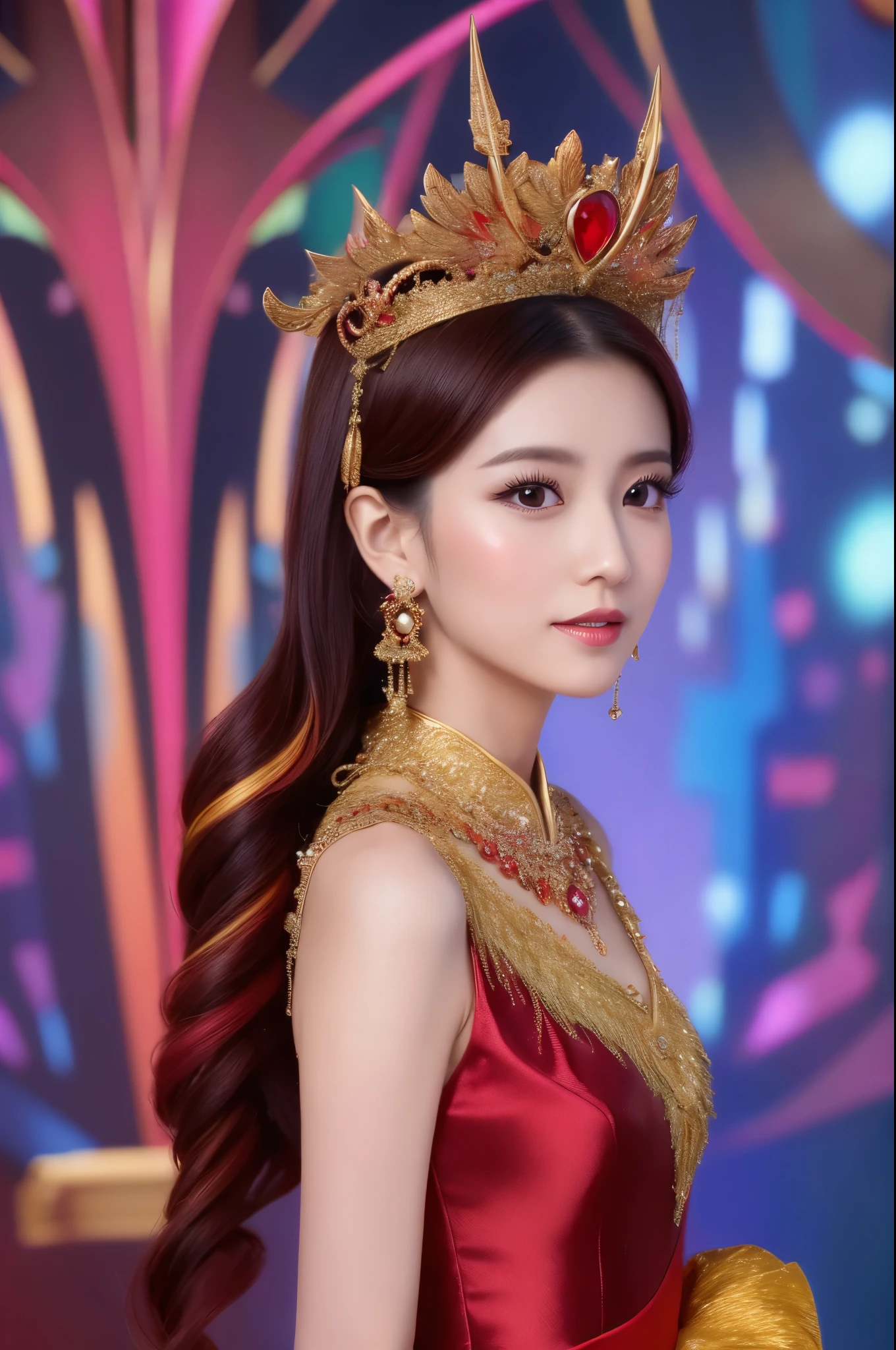 A woman in a red and gold Chinese dress，Phoenix crown，a chinese wedding，（tmasterpiece，top Quority，best qualtiy，offcial art，Beauty and aesthetics：1.2），（1girll：1.3），The is very detailed，（s fractal art：1.1），Most detailed，（ zentangle:1.2), full bodyesbian, (abstract backgrounds:1.3), (Shiny skin), (many color:1.4), ,(Earrings), (feater:1.5),