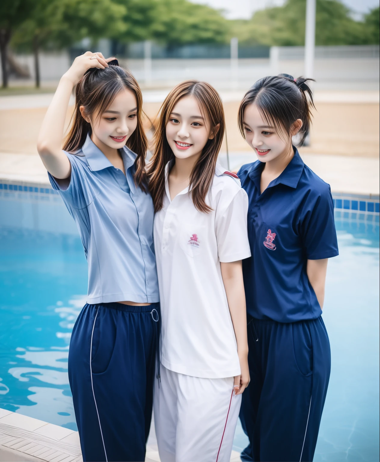 3 girls in the swimming pool, Navy blue short-sleeved shirt,Navy Long Trackpant,Sweatpants, Sweatpantsขายาว,25 year old girl, lesbian, sexy, exercise clothes, wet body, exercise clothes