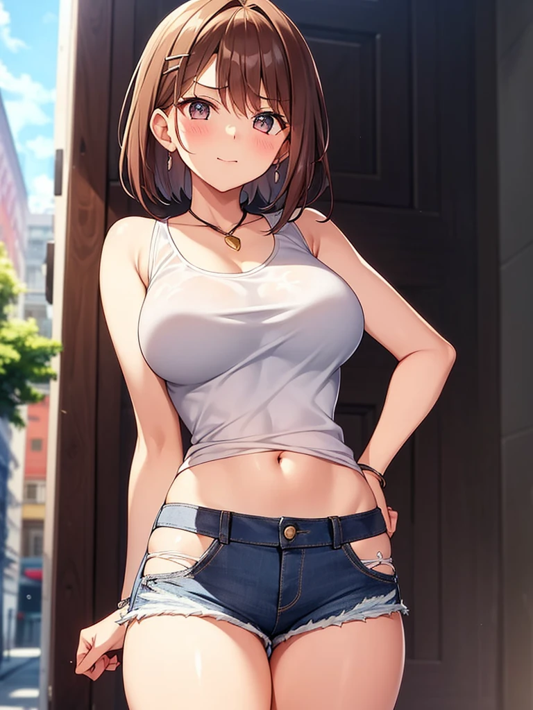 ((alone)), city, street, ((white shirt)), ((Stretching:1.2)), wet shirt, ((blush:1.2)), embarrassing, (raise your chin), 1 girl, hairpin, huge breasts, exposed chest, exposed thighs, denim shorts, short hair, weak woman, ((shorts that cut into the crotch)), ((long and thin legs)), ((thin waist)), thick thighs, cowboy shot, Close your legs, Beautiful woman, adult woman, cute face, cute reaction