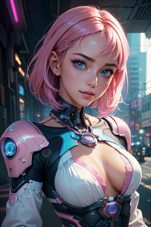 (masterpiece, top quality, best quality, official art, beautiful and aesthetic:1.2) beatiful women, eyes blue, expressive eyes, looking at viewer, long sleeves, necklace, sexi smile, short pink hair, pretty face, latina facial features, medium breasts, digital illustration, comic style, cyberpunk (fractal art:1.3) (photorealistic:1.4) cyberpunk city