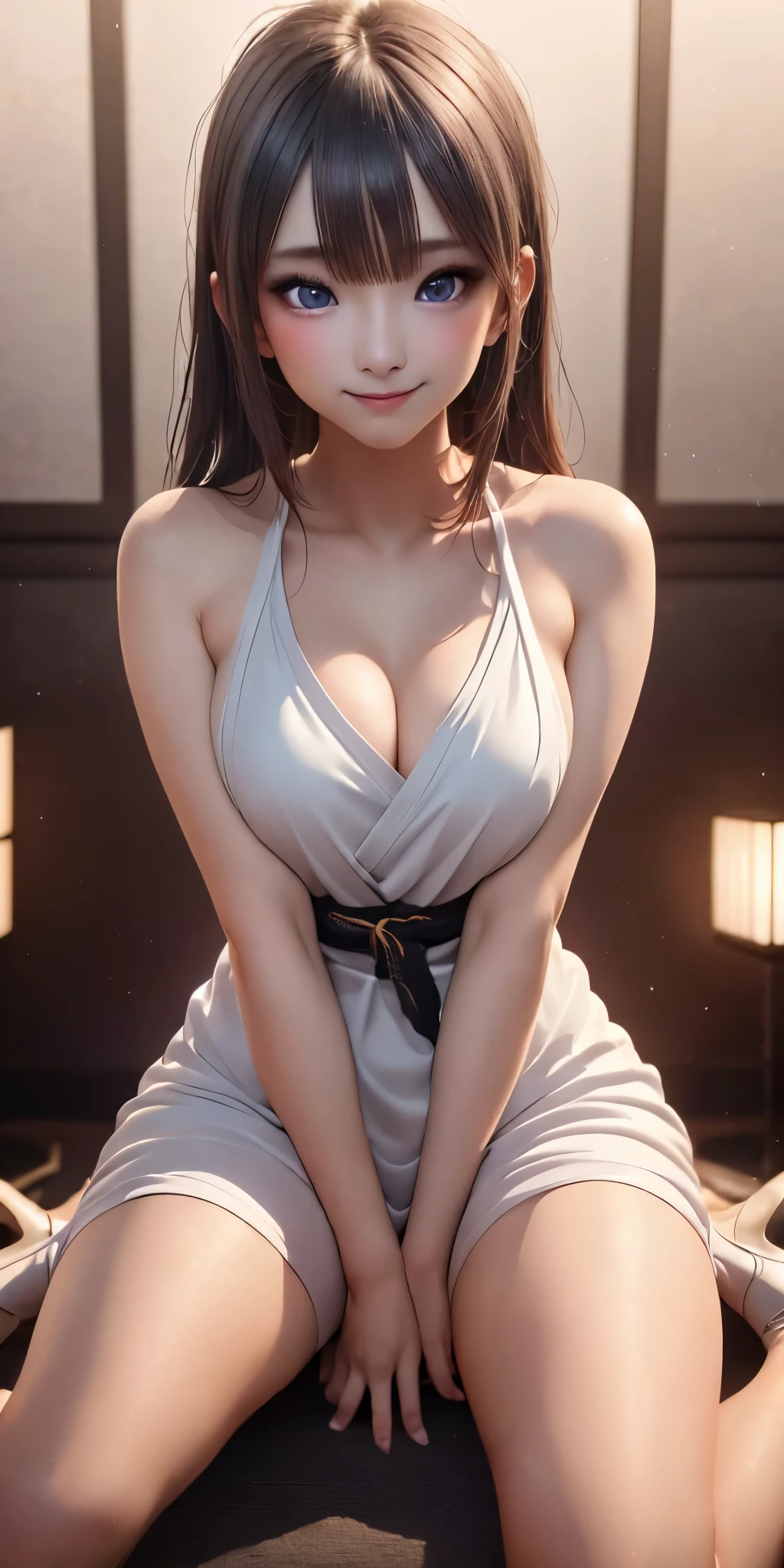 (((Japanese look,blue eyes))), (((smiling, Artist, bad girl))). Generate a rebellious, hyperrealistic 4K full-body painting of a young anime girl with Japanese features, striking blue eyes, long white hair, and an smiling expression. This intricately detailed illustration, inspired by Carne Griffiths and Wadim Kashin, depicts the cross-legged in big clock, wearing a long gothic white dress, white high heels. She in front clock wheel, point of view taken from the behind, focus on character. She cross-legged on a front clock wheel beneath a midnight. Infuse elements of glamour, realism, and gritty aesthetics, utilizing cinematic effects, spotlights lighting, luminism, and bioluminescence. Capture the girl in a beautiful. The composition, rendered in 3D using Octane render, showcases isometric details and fractals. Aim for a cinematic, trending ArtStation style with a centered, hyperealistic cover photo feel, resembling a bold hand-drawn piece on paper.cowboy shot,Depth of field