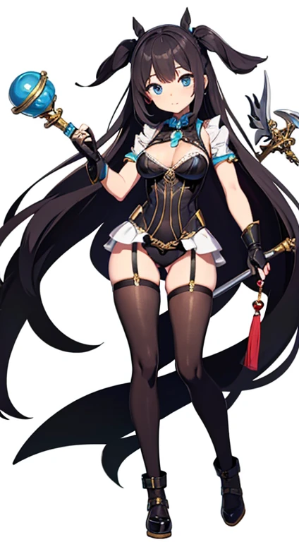 (((Best Quality))) , ((full body)), female, character design, solo, (white background), holding staff, standing pose, bustier, 