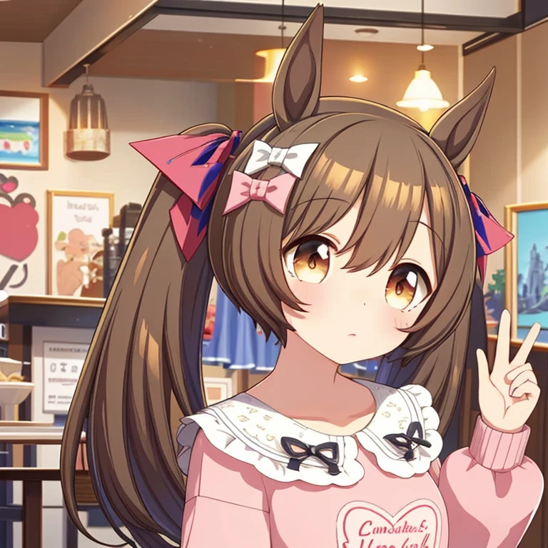 super detailed, High resolution, Very detailed CG, anime picture,(masterpiece, highest quality:1.4),1 girl, brown hair, horse ears,horse tail, twin tails, (hair ribbon:1.4), hair ribbon, brown eyes, pink sweater, frilled collar, (write clothes), long sleeve, bottomless,Beige panties, white stockings, sitting, waving, blue skiy