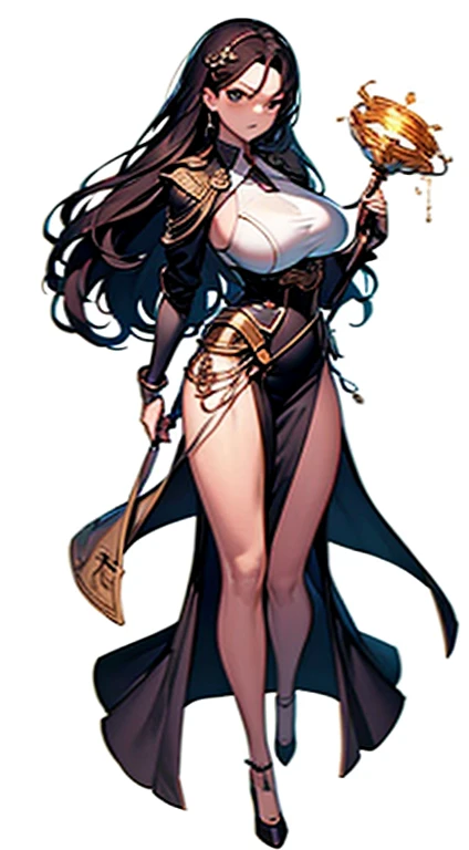 (((Best Quality))) , ((full body)), female, character design, solo, (white background), holding staff, standing pose, bustier, 