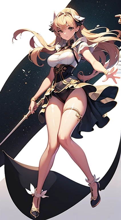 (((Best Quality))) , ((full body)), female, character design, solo, (white background), holding staff, standing pose, bustier, 