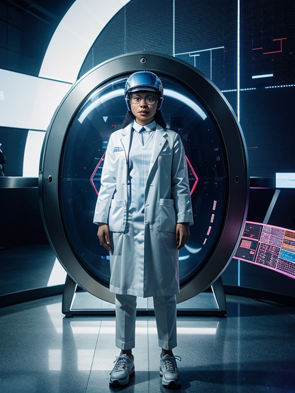 A Indonesian woman in a lab coat and helmet-like head covering, surrounded by high-tech equipment and holographic displays