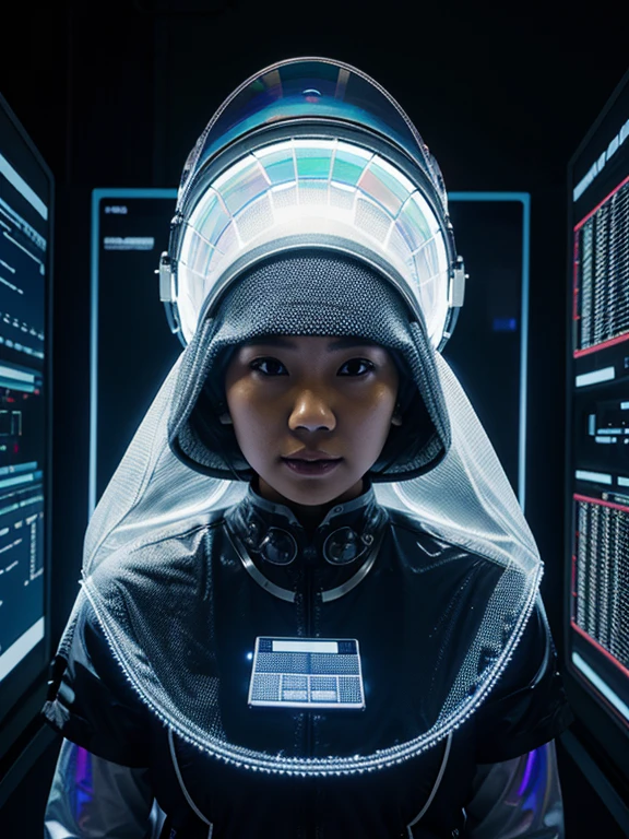 A Indonesian woman in a lab coat and helmet-like head covering, surrounded by high-tech equipment and holographic displays