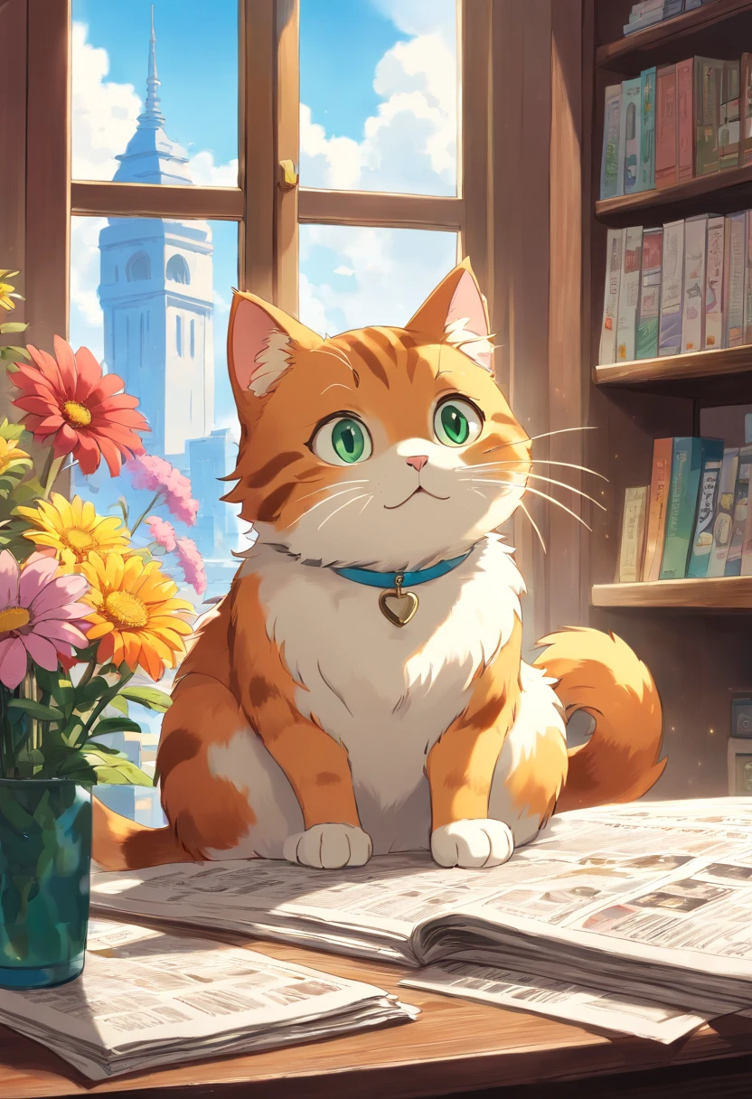 A cute cat with round eyes,Read the newspaper, sun light from window,Big flower cat,huge office