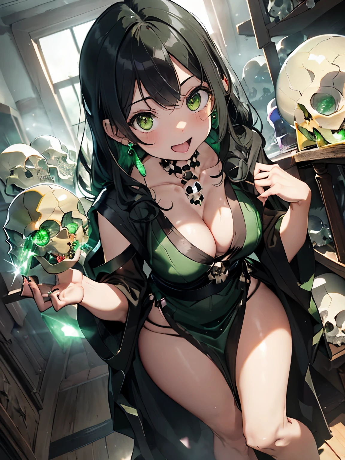 character//1 girl,(greenish shiny black hair:1.2),((Long curled hair:1.2)),(With bangs),((Green eyes that emit a suspicious light:1.3)),((eye size:1.6)),BREAK//(black witch-like robe:1.3),(A long skirt with a slit that shows your legs:1.5),(The chest is open and the cleavage is visible:1.35),(dark green nails),(nails are sharp and long:1.4),((Necklaces and earrings that glow suspiciously in green:1.2)),BREAK//((transparent crystal in the shape of a skull:1.6)),((skull crystal size:1.6)),((Holding the Skull Crystal in both hands, his cheeks are pressed together.)),BREAK//(A look of joy),(blush),(tongue licking),(close up of face:1.2),BREAK//((An antique room filled with green steam:1.3)),(A place where the lighting is dark and the place is completely shrouded in darkness.)