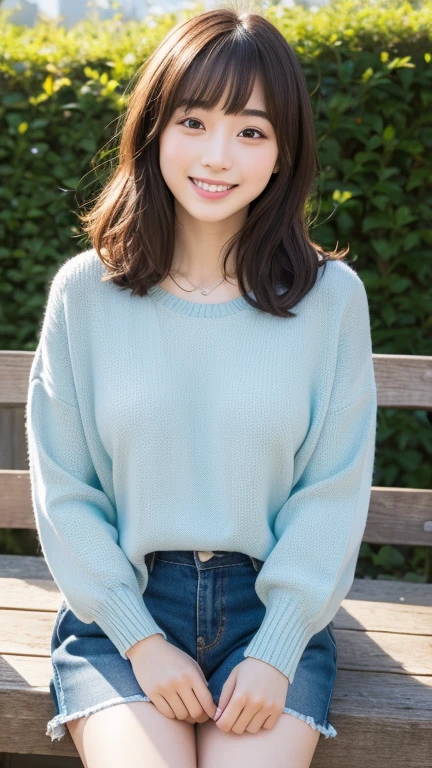 (( highest quality, 8K, masterpiece :1.3)), A face like Suzu Hirose、smiling、 girl、big breast bulge、bob hairstyle、eyes closed、kiss face、Wearing knitwear that shows your body shape、The sun is shining、