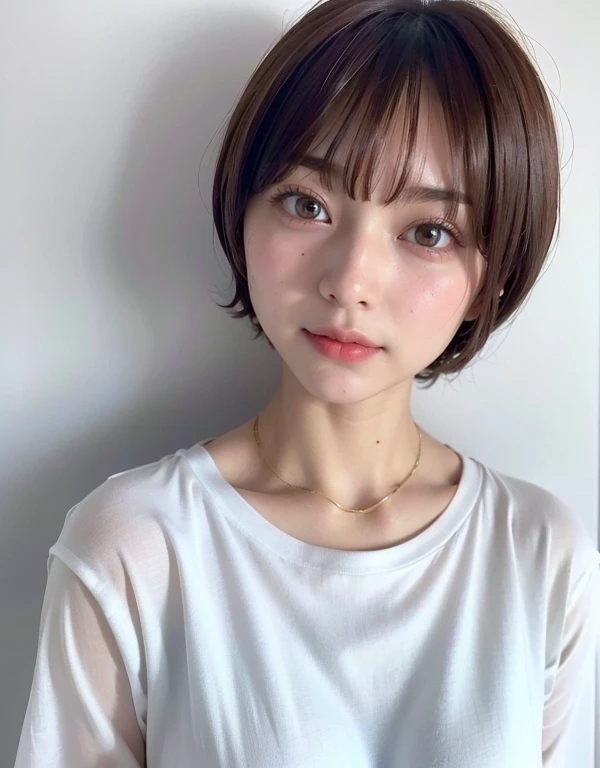 ((highest quality))、(Masseter muscle part:1.4)、Raw photo、8K、((best image quality))、 ((High resolution))、Beautiful face in every detail、realistic human skin、gentle expression、(one woman)、realistic、Photoreal、(short hair:1.4)、(cute:1.4)、エクストラベリーshort hair、(cute日本の女の子達)、((Beautiful woman))、(beautiful hair)、(((red cheeks)))、((Big eyes))、30-year-old beauty、straight hair、(face becomes smaller:1.4)、small head、((long neck))、white skin、spotless skin、With bangs、everyone admires、Beautiful female model in Japan、(color々Dress well)、look at the camera、lure、8 heads tall、Haircut Models、necklace、レイヤーshort hair、white background、white t-shirt