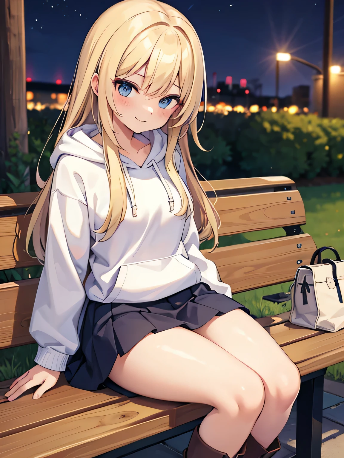(1) A woman is sitting cross-legged on a bench. The color of the visible pants is white..
(2) She&#39;s a gal, -faced but with heavy makeup. she has long blonde hair.
(3) The woman is wearing a brightly colored hoodie, Mini skirt and platform long boots.
(4) The woman&#39;s expression is a smile.
(5) Place on a park bench at night.