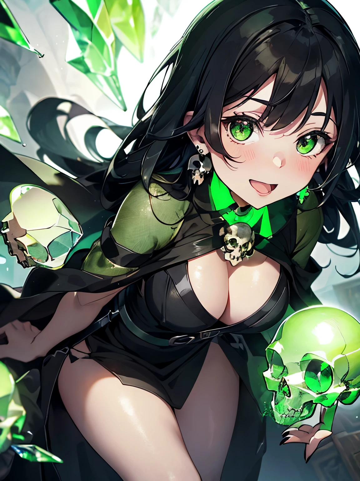 character//1 girl,(greenish shiny black hair:1.2),((Long curled hair:1.2)),(With bangs),((Green eyes that emit a suspicious light:1.3)),((eye size:1.6)),BREAK//(black witch-like robe:1.3),(A long skirt with a slit that shows your legs:1.5),(The chest is open and the cleavage is visible:1.35),(dark green nails),(nails are sharp and long:1.4),((Necklaces and earrings that glow suspiciously in green:1.2)),BREAK//((transparent crystal in the shape of a skull:1.6)),((skull crystal size:1.6)),((Holding the Skull Crystal in both hands, his cheeks are pressed together.)),BREAK//(A look of joy),(blush),(tongue licking),((close up of face:1.2)),BREAK//((An antique room filled with green steam:1.3)),(A place where the lighting is dark and the place is completely shrouded in darkness.)
