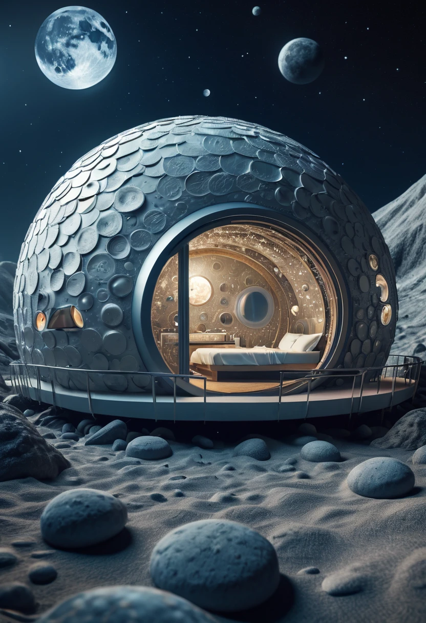 (best quality,4k,8k,highres,masterpiece:1.2),ultra-detailed, A capsuled modern hi-fi hotel-resort, the resort in the planet moon, zentangle, origami, cinematic, 3d crunch, the planet earth in the background of the photo, photo taken in the moon, in the the planet moon, by my self...lolair bubble hotel,