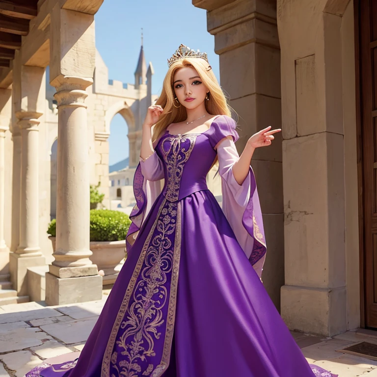 Princesa rubia, senos grandes, escotada, vestido morado, pelo largo, seductora