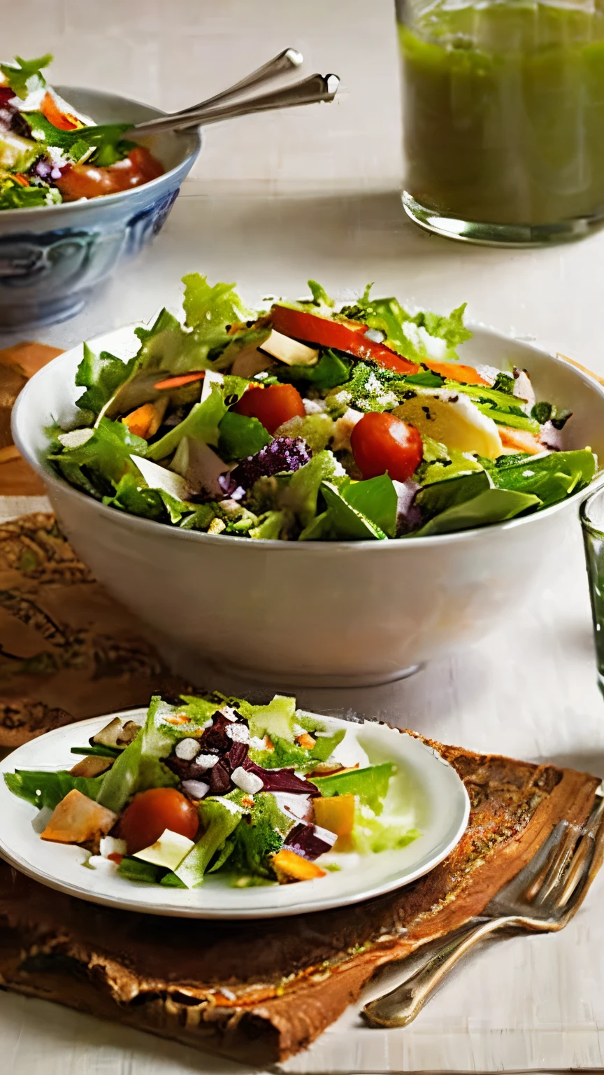 Capture a visually appetizing scene that embodies the essence of a nourishing salad. The setting, whether in a kitchen or a dining area, should be well-lit, allowing for detailed shots that emphasize the vibrant colors and freshness of the salad ingredients. Utilize a 50mm lens for a focused perspective, capturing the textures and details that make the salad appealing. Aim for a high-resolution image that realistically conveys the healthiness and deliciousness of the nourishing salad. Draw inspiration from photographers skilled in capturing food and culinary scenes on platforms like Art Station and Dribble.