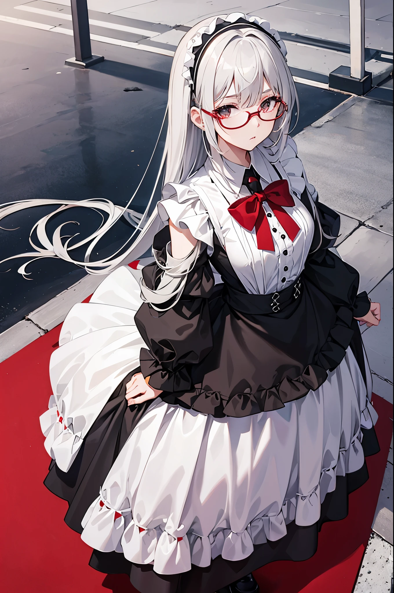 1woman, long silver hair, black eyes, red glasses, maid dress, standing on ground, high res, ultra sharp, 8K, masterpiece