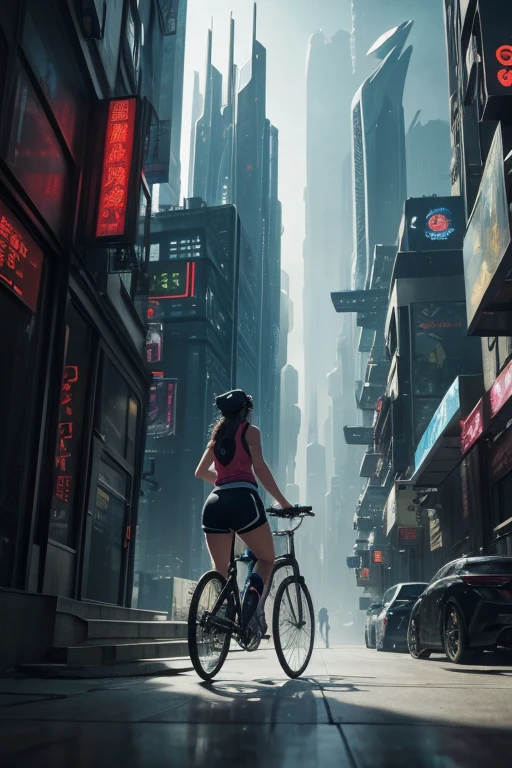 a girl rides a bicycle, in running shorts, an artist's rendering of a futuristic city, concept art, inspired by Zha Shibiao, futurism, mossy buildings, dystopian city apartment, hyperrealistic”