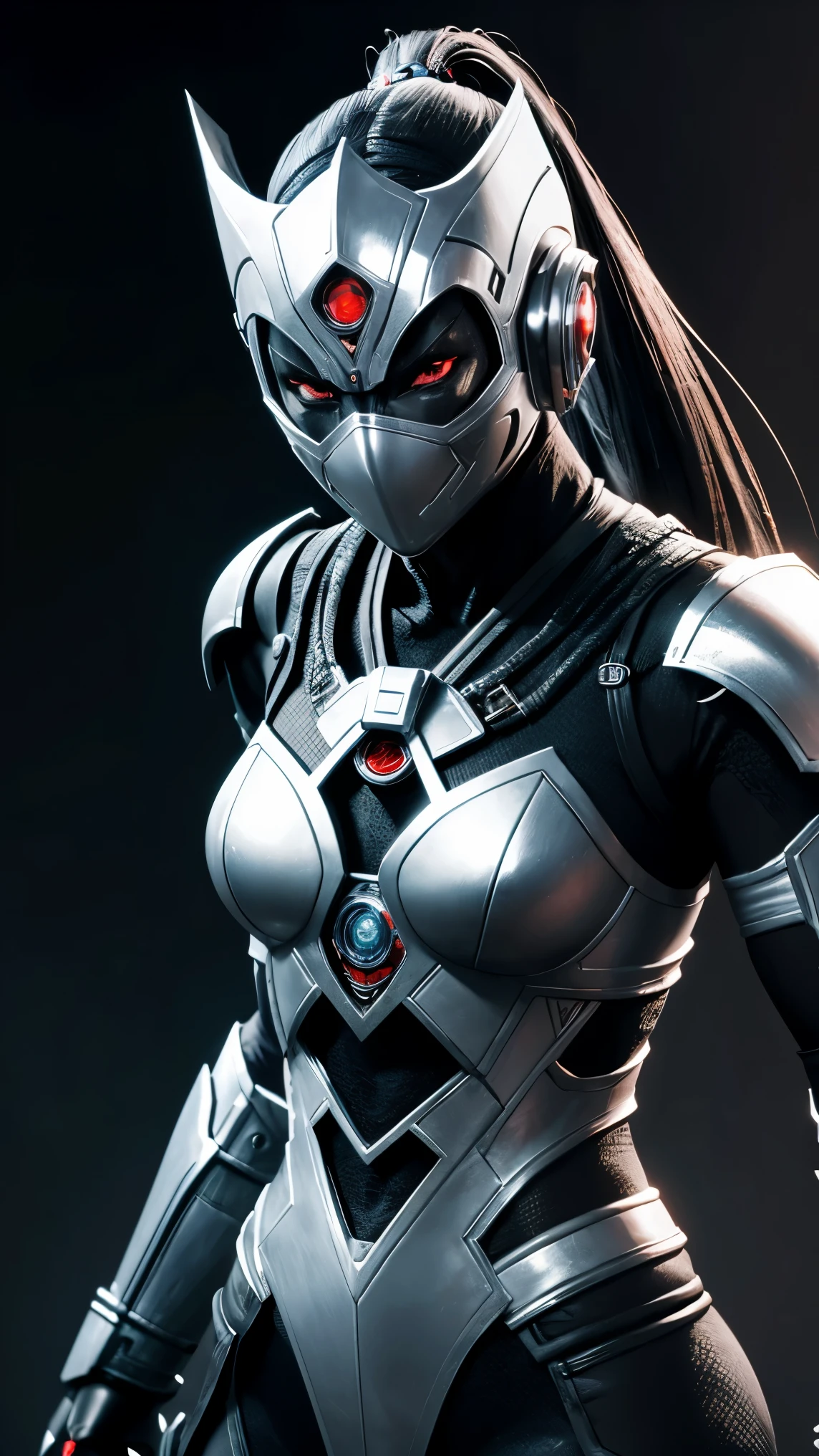 A full silver robot ninja woman with robot face in mortal kombat 11 style 