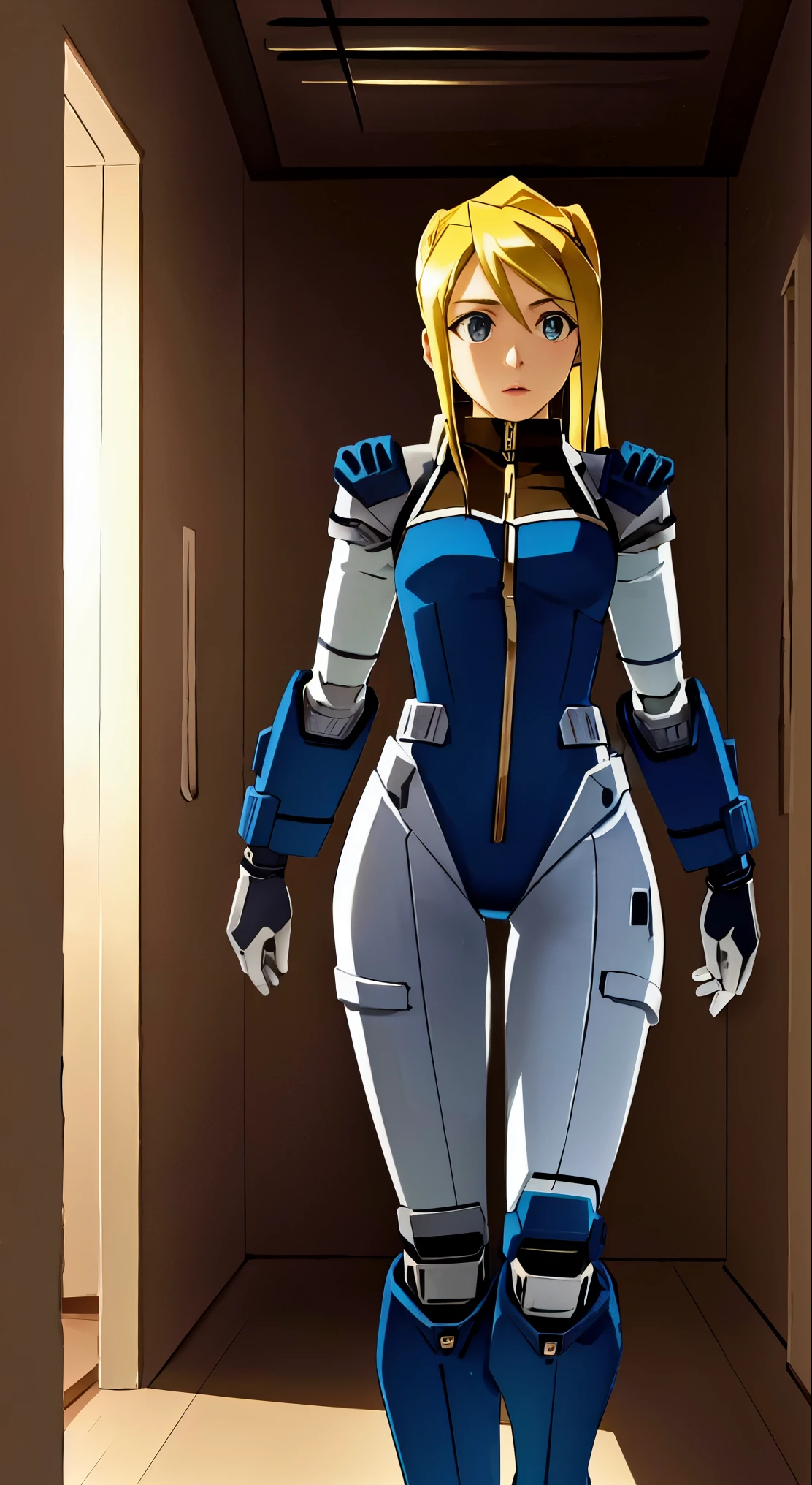 Winry Rockbell, shocked and embarrassed, locks herself in a heavy robotic suit. Her blonde hair peeks out from under the mechanical goggles, adding a touch of vulnerability. The suit, made with ultra-detailed metallic textures, reflects a picturesque sunset in the background. The color palette is vibrant and vivid, with a mix of warm and cool tones. The scene is lit with studio lighting, casting dramatic shadows and highlighting every curve and detail of the suit. The overall image quality is (best quality, 4k, highres, photorealistic:1.2), ensuring a masterpiece-level rendering.