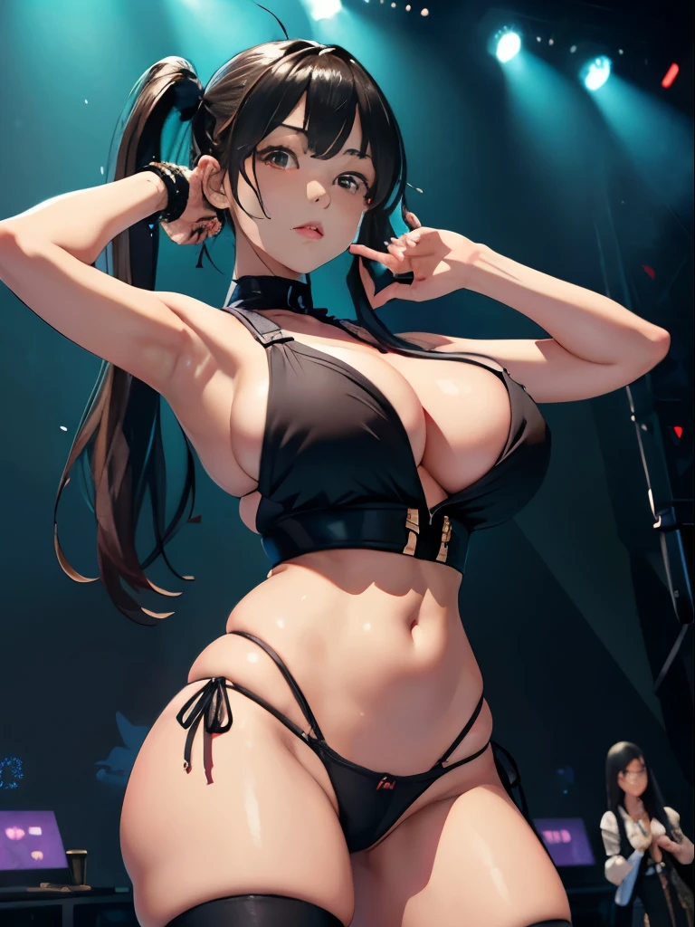 Girls(masterpiece:1.4)、(in 8K、realisitic、Raw photo、top-quality:1.4)、(Real Face:1.4)、(real looking skin:1.3)、超A high resolution、A hyper-realistic、Brown eyes with beautiful details、Black hair twintails、idol、Idol costumes、no-bra、dance、high detailing、(huge-breasted:1.5)、cleavage of the breast、Blushing、troubled look、gargantilha、On stage