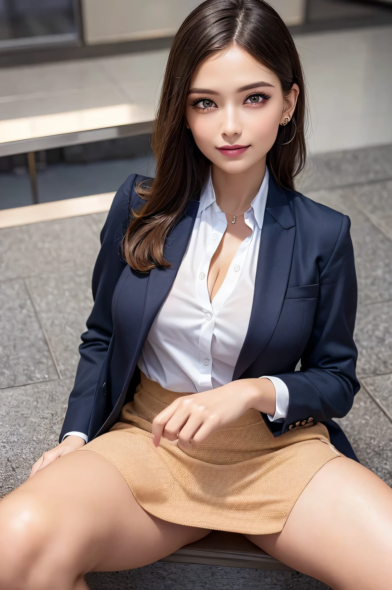 (1woman), Beautiful, Amazing face and eyes, makeup, (extremely detailed beautiful face), seducting smile, (Best Quality:1.4), (Ultra-detailed), (extremely detailed CG unified 8k wallpaper), Highly detailed, raw photos, Professional Photography, (Business Suit, Mini skirt:1.2), (Business shirt with wide open chest), (Spread your legs), (cameltoe:1.3), (view from below:1.2)