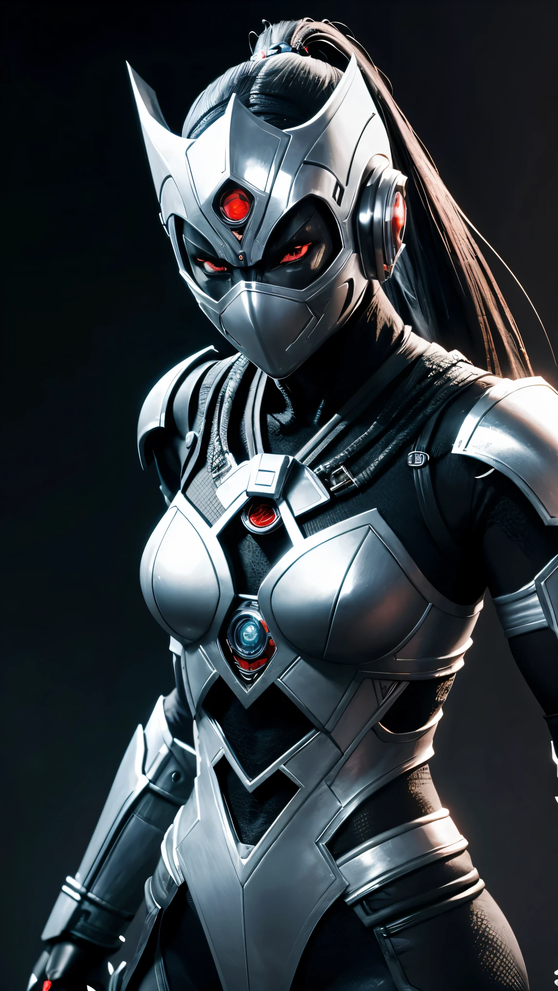 A silver robot ninja woman with robot face in Mortal Kombat 11 style 
