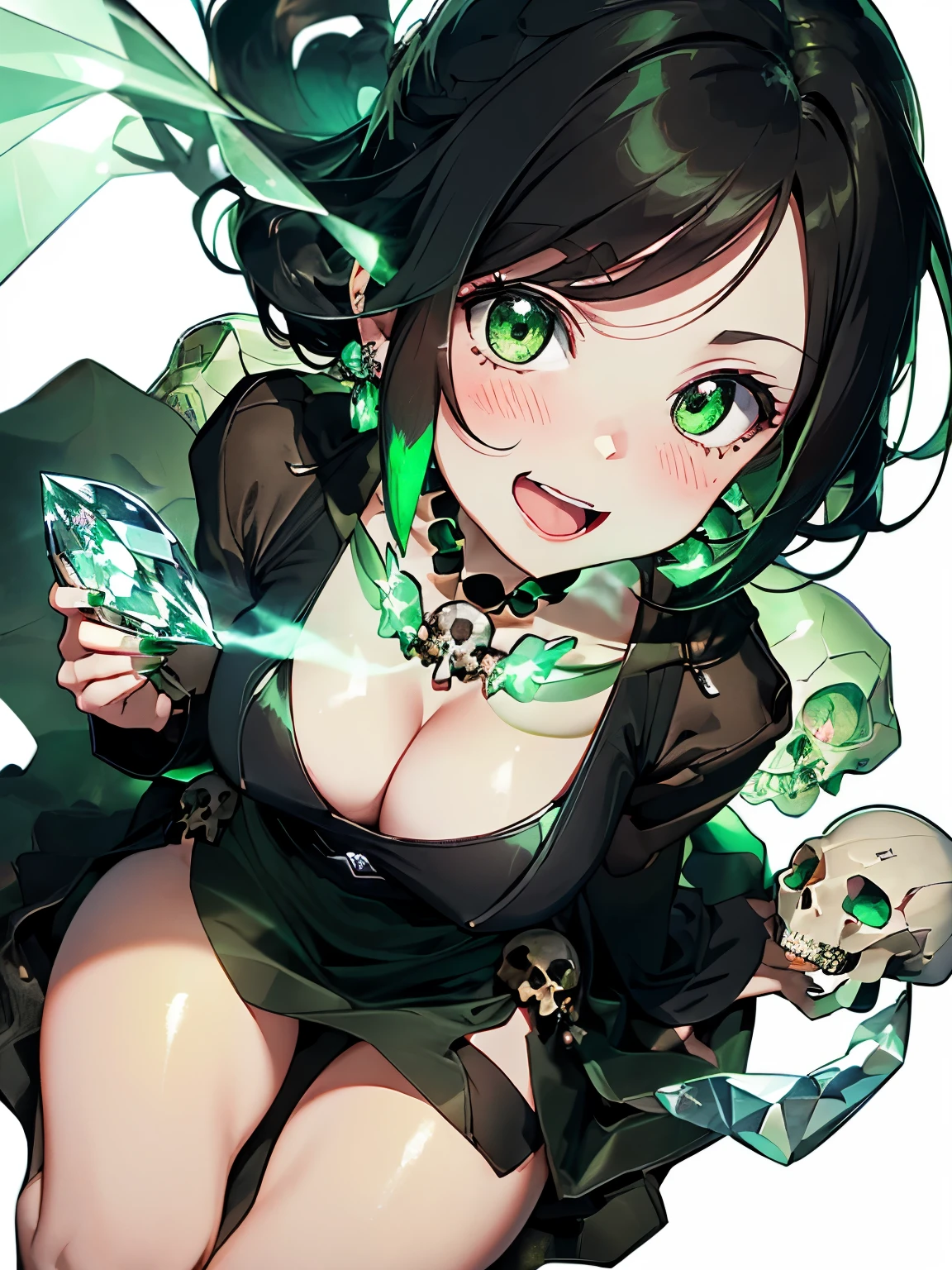 character//1 girl,(greenish shiny black hair:1.2),((Long curled hair:1.2)),(With bangs),((Green eyes that emit a suspicious light:1.3)),((eye size:1.6)),BREAK//(black witch-like robe:1.3),(A long skirt with a slit that shows your legs:1.5),(The chest is open and the cleavage is visible:1.35),(dark green nails),(nails are sharp and long:1.4),((Necklaces and earrings that glow suspiciously in green:1.2)),BREAK//((transparent crystal in the shape of a skull:1.6)),((skull crystal size:1.6)),((Holding the Skull Crystal in both hands, his cheeks are pressed together.)),BREAK//(A look of joy),(blush),(tongue licking),((close up of face:1.2)),BREAK//((An antique room filled with green steam:1.3)),(A place where the lighting is dark and the place is completely shrouded in darkness.)