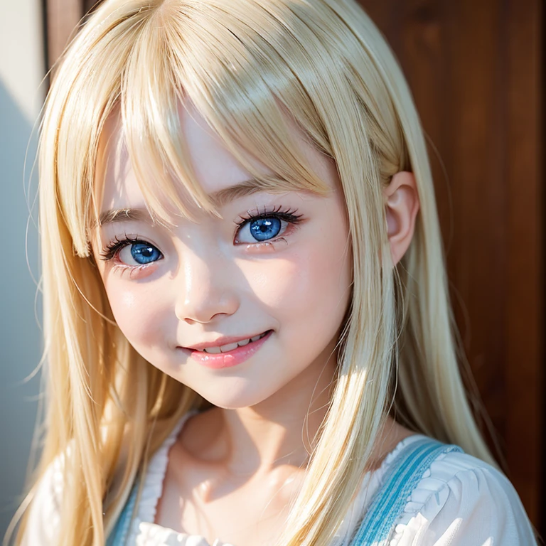 one very beautiful cute young girl、10 years old、((very happy smile ))、Embarrassed blush、shiny skin、 Very cute and beautiful face、Shiny and very beautiful pure white skin、Very beautiful and cute light blue eyes、Beautiful very long shiny blonde hair with golden shine、Beautiful cute bright look、Clear double eyelids