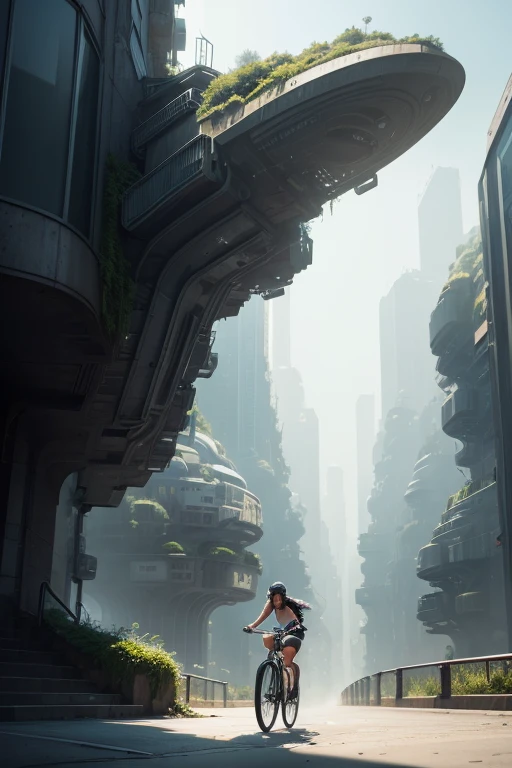 a girl rides a bicycle, in running shorts, an artist's rendering of a futuristic city, concept art, inspired by Zha Shibiao, futurism, mossy buildings, dystopian city apartment, hyperrealistic”
