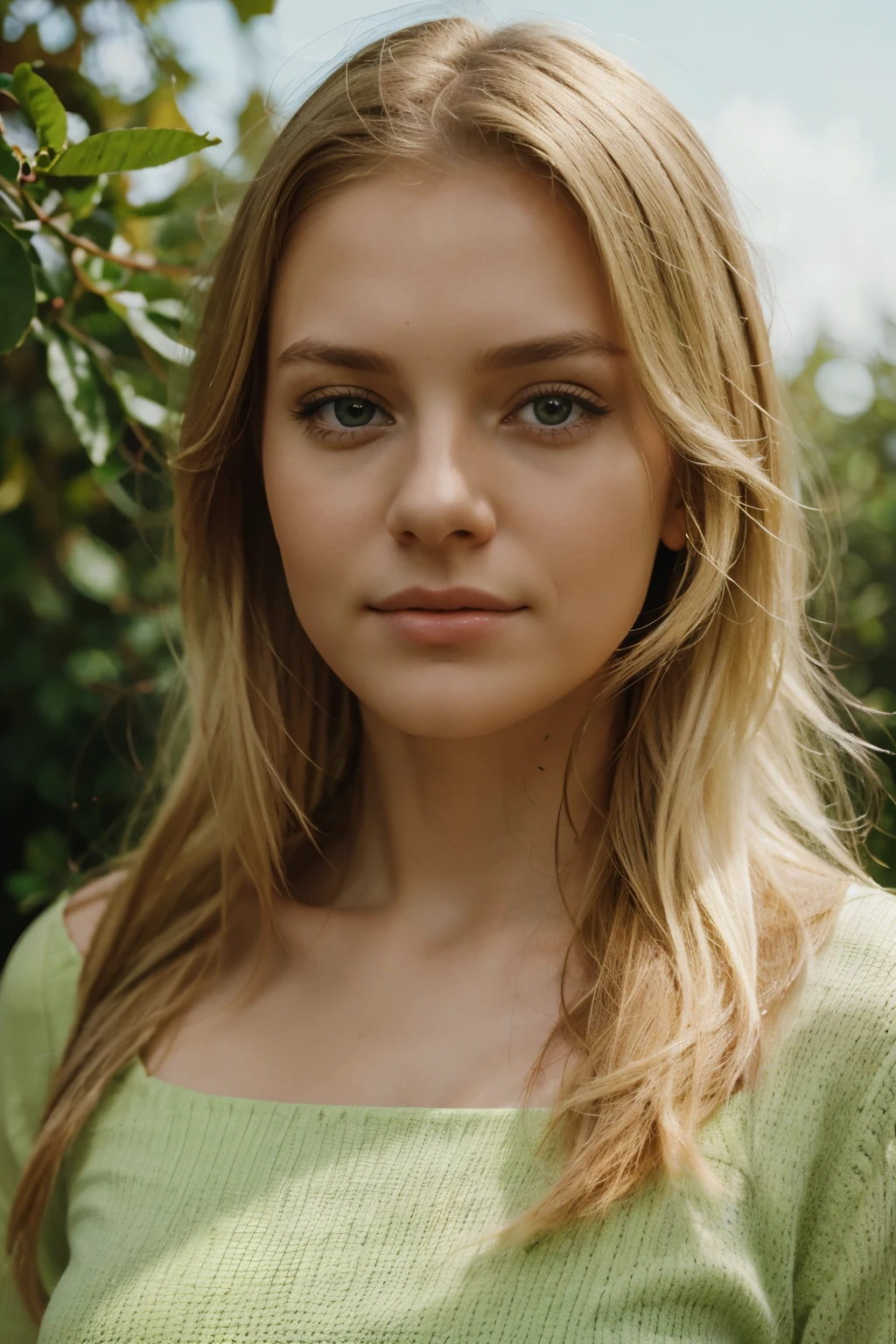 realistic, beautiful blond girl, green background, german girl, looking straight