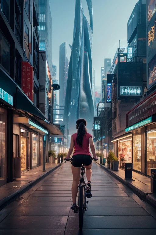 a girl rides a bicycle, in running shorts, an artist's rendering of a futuristic city, concept art, inspired by Zha Shibiao, futurism, mossy buildings, dystopian city apartment, hyperrealistic”
