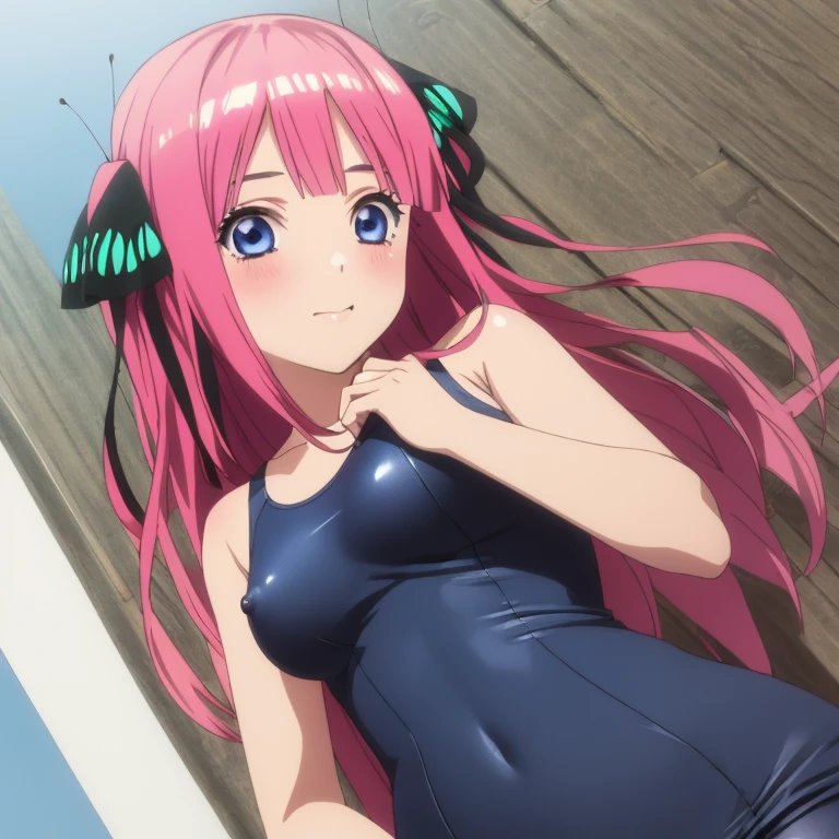 masterpiece, best quality, ultra detailed, best illustration, nsfw, 1girl, one-piece swimsuit, nakano nino, pink hair, butterfly hair ornament, blue eyes